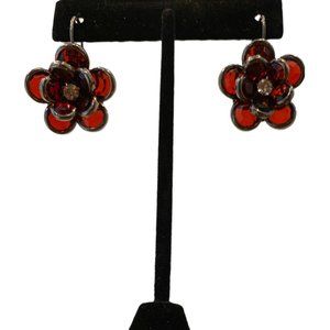 Burgundy floral earrings, lever-back, with clear crystal center